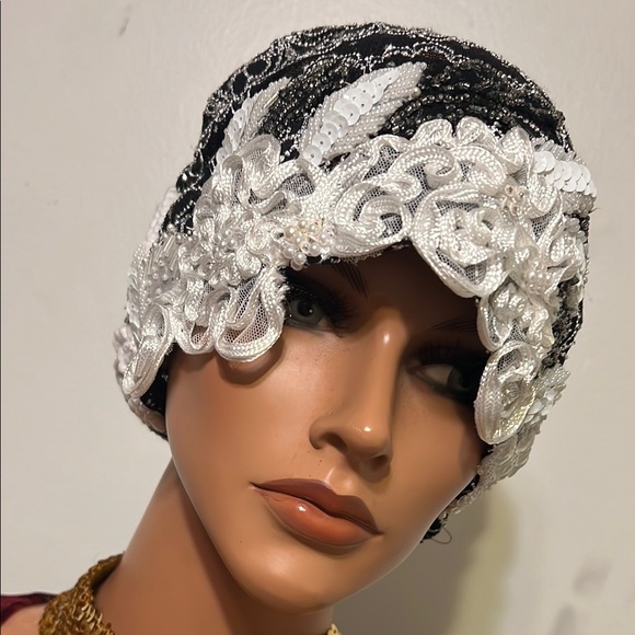 Elegant Black  White Beaded Headpiece Black Church Daytime Flapper Hat Cloche main image 8